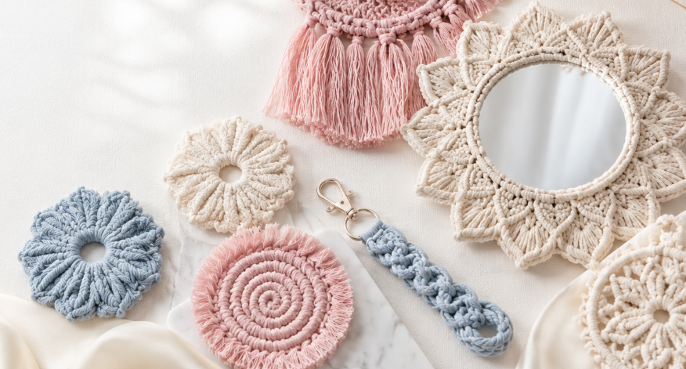 A collection of pastel macrame gifts