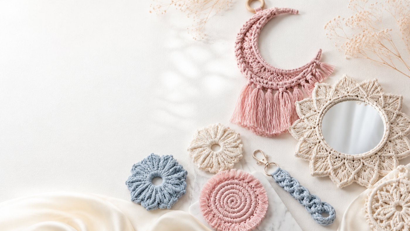 Handmade macrame pieces in blush, powder blue and ivory